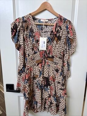 Ulla Johnson Cream Floral Smocked Tunic with Pink and Blue Accents